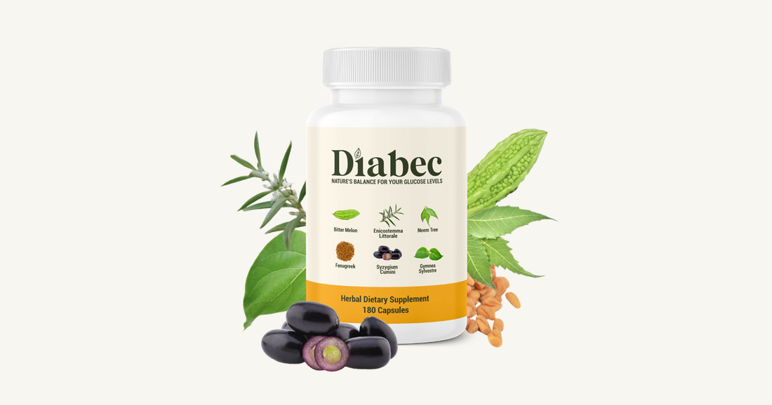 Diabec bottle with its six herbs: bitter melon, fenugreek, jamun, neem, gymnema and enicostemma