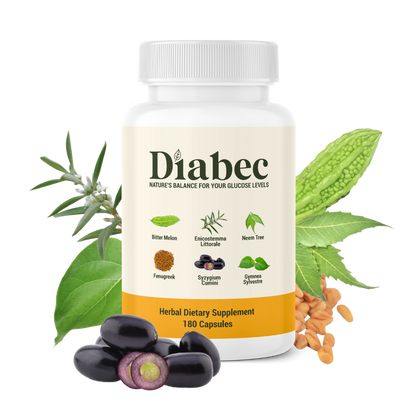 Diabec glucose support supplement bottle with 180 capsules for natural blood sugar management.