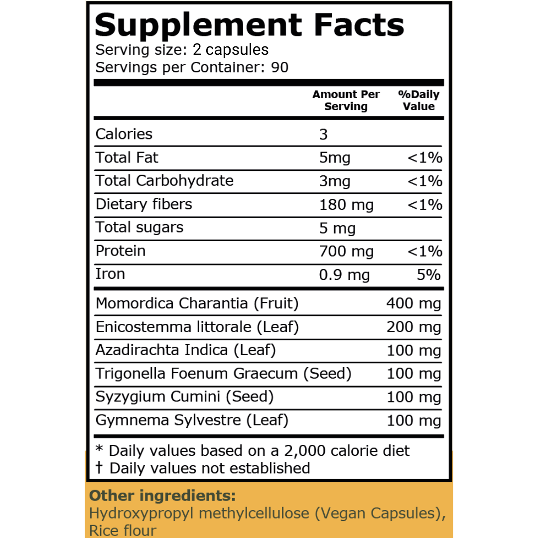 Diabec supplement facts label showing 6 clinically-studied ingredients, including Bitter Melon and Gymnema