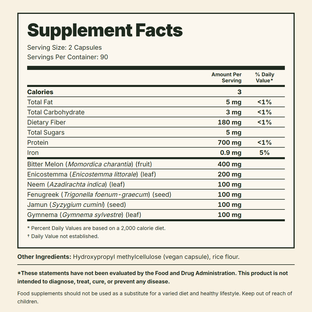 Diabec Supplement Facts label: serving size 2 capsules, 90 servings per container, amount per serving of bitter melon, enicostemma, neem, fenugreek, jamun and gymnema, and other ingredients