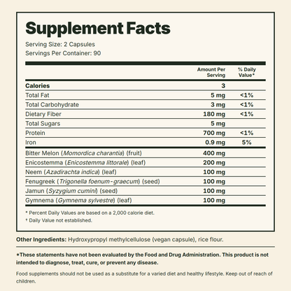 Diabec Supplement Facts label: serving size 2 capsules, 90 servings per container, amount per serving of bitter melon, enicostemma, neem, fenugreek, jamun and gymnema, and other ingredients
